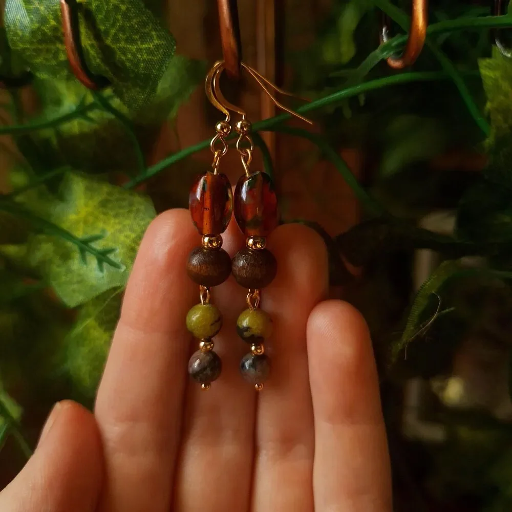 Green Serpentine, Lampwork Glass, & Wood Beaded Dangle Earrings